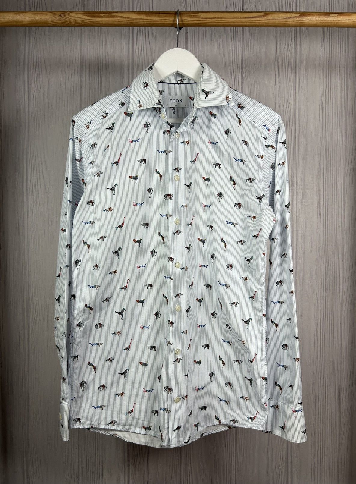 Eton ETON Blue Stripe Animal Print Shirt Size 38/15 Size US S / EU 44-46 / 1 - 1 Thumbnail