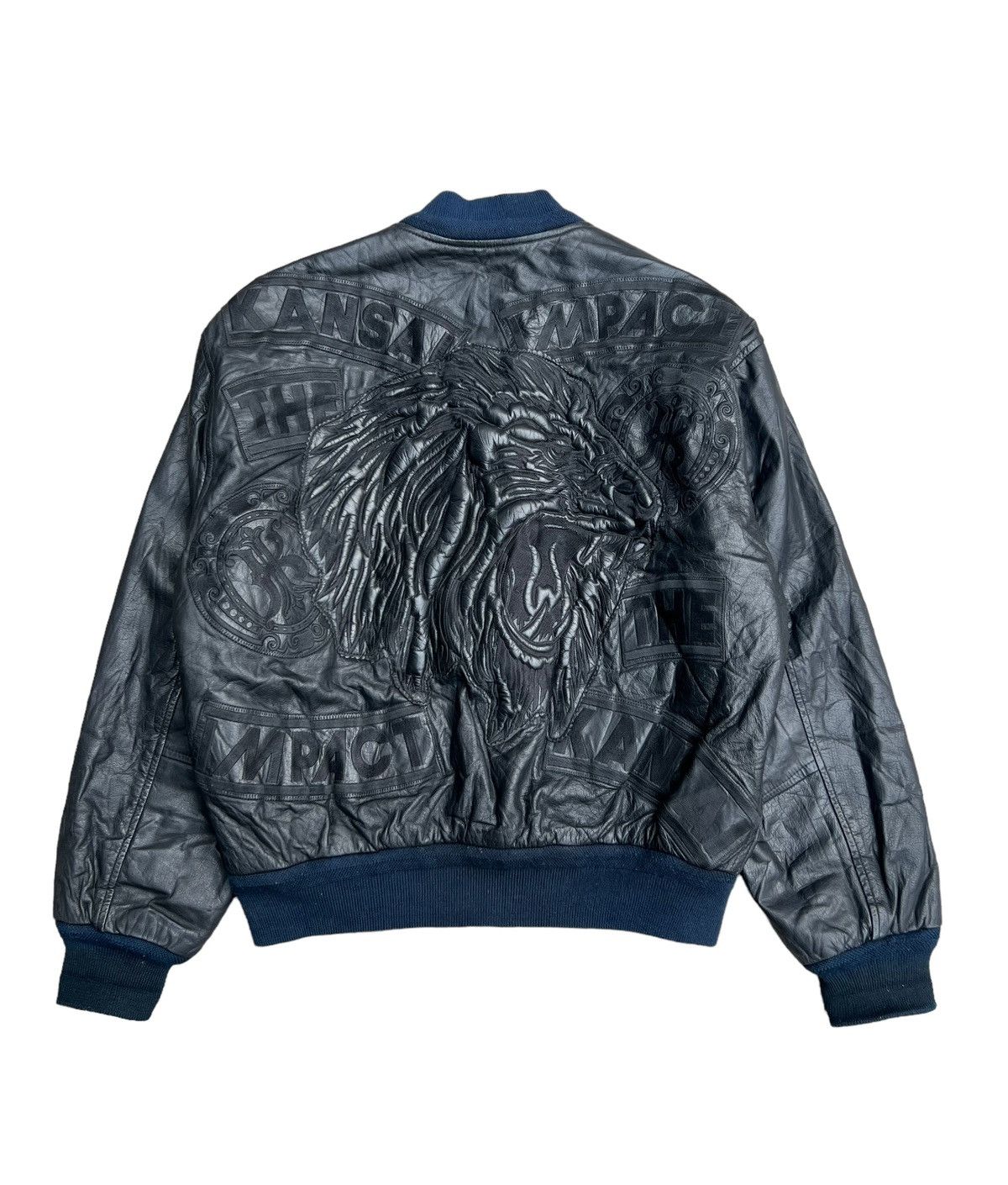 image of 80's Kansai Yamamoto Embossed Lion Leather Bomber Jacket in Black, Men's (Size Medium)