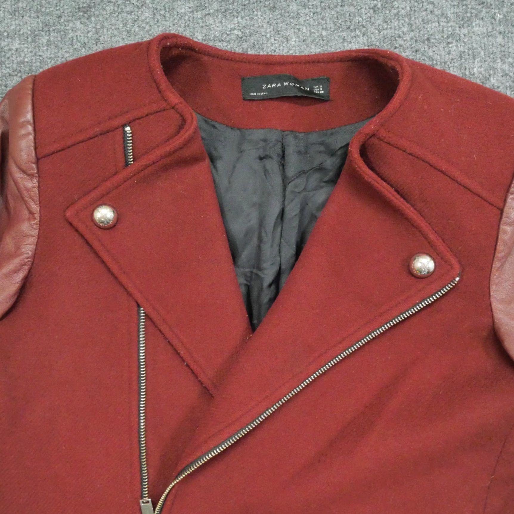 Zara Zara Jacket Womens Small Red Burgundy Wool Leather Blazer Long Asymmetrical Zip Size S / US 4 / IT 40 - 2 Thumbnail