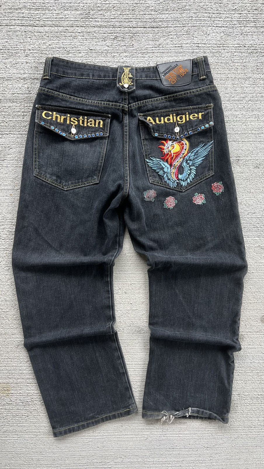 image of Christian Audigier Embroidered Dragon Ed Hardy Loose Jeans in Black, Men's (Size 34)