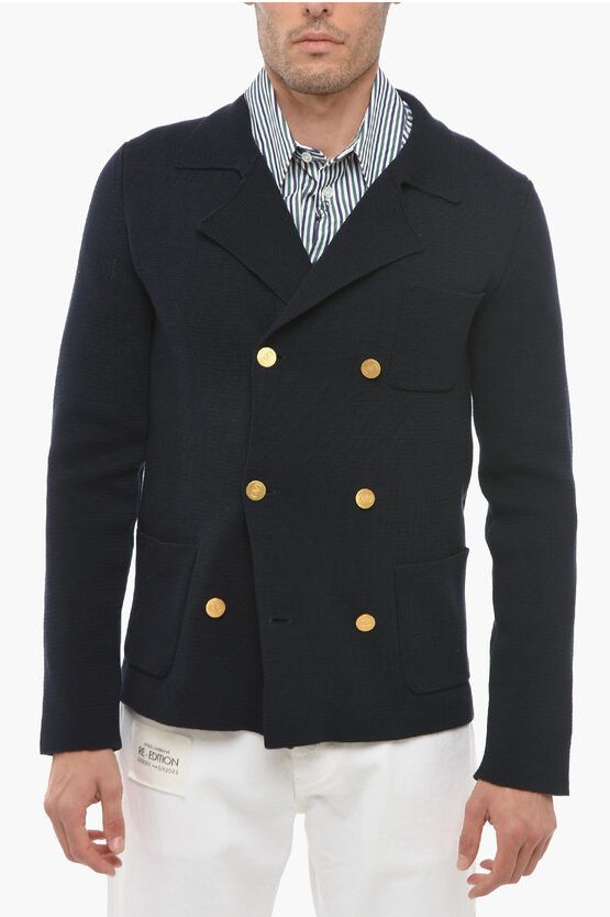 image of Valentino Double-Breasted Cotton Cardigan With Logoed Buttons in Blue, Men's (Size Small)