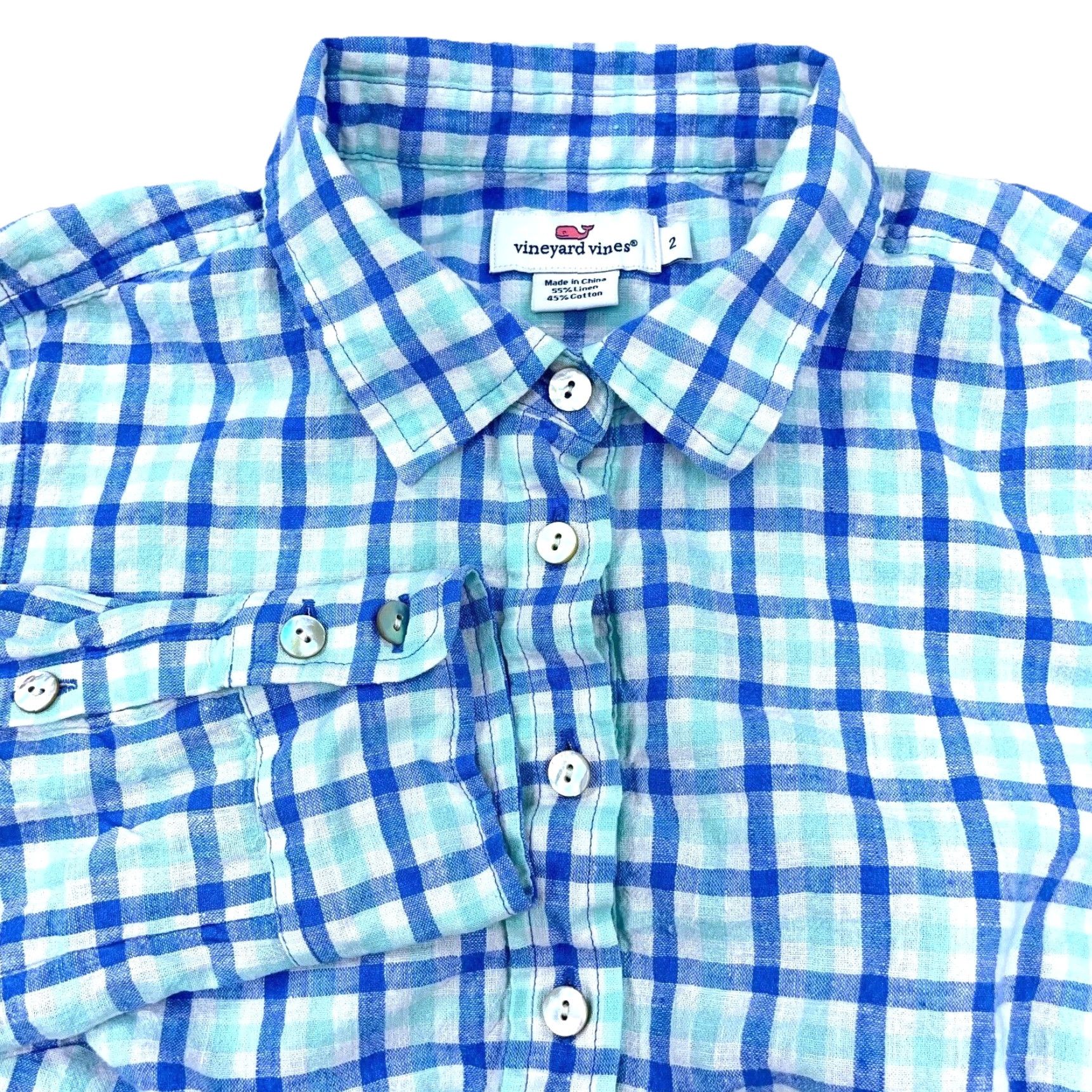 Vineyard Vines Vineyard Vines Shirt Women 2 Blue Linen Plaid Half Button Up Dress Ladies Top Size XS / US 0-2 / IT 36-38 - 2 Thumbnail