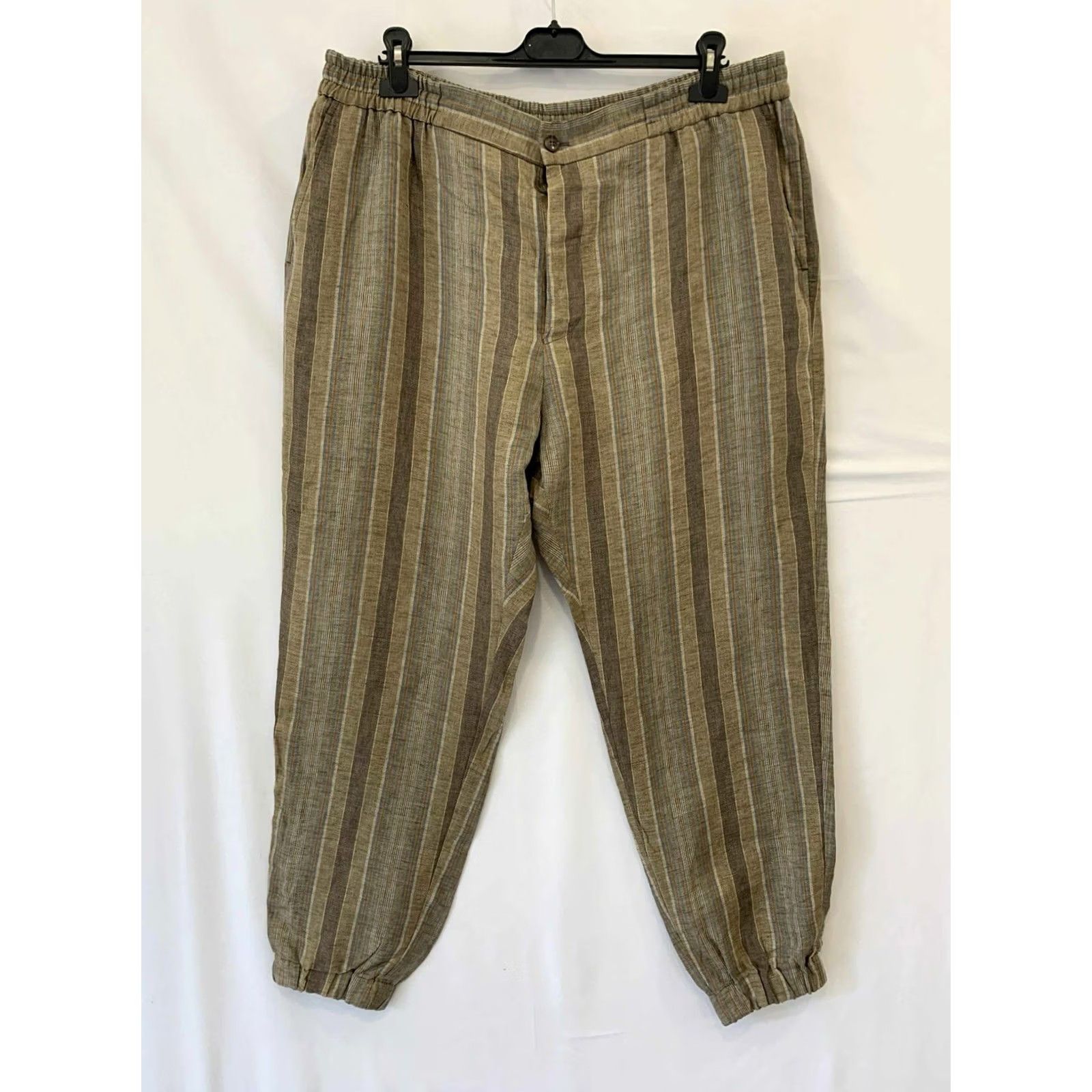 Etro Etro Milano Men’s Linen Striped Trousers Pants XL Brown Beige Blue Stripes 100% Linen Made in Italy Relaxed Elastic Hem 58 XL Threaded "P4" Size US 36 / EU 52 - 4 Thumbnail