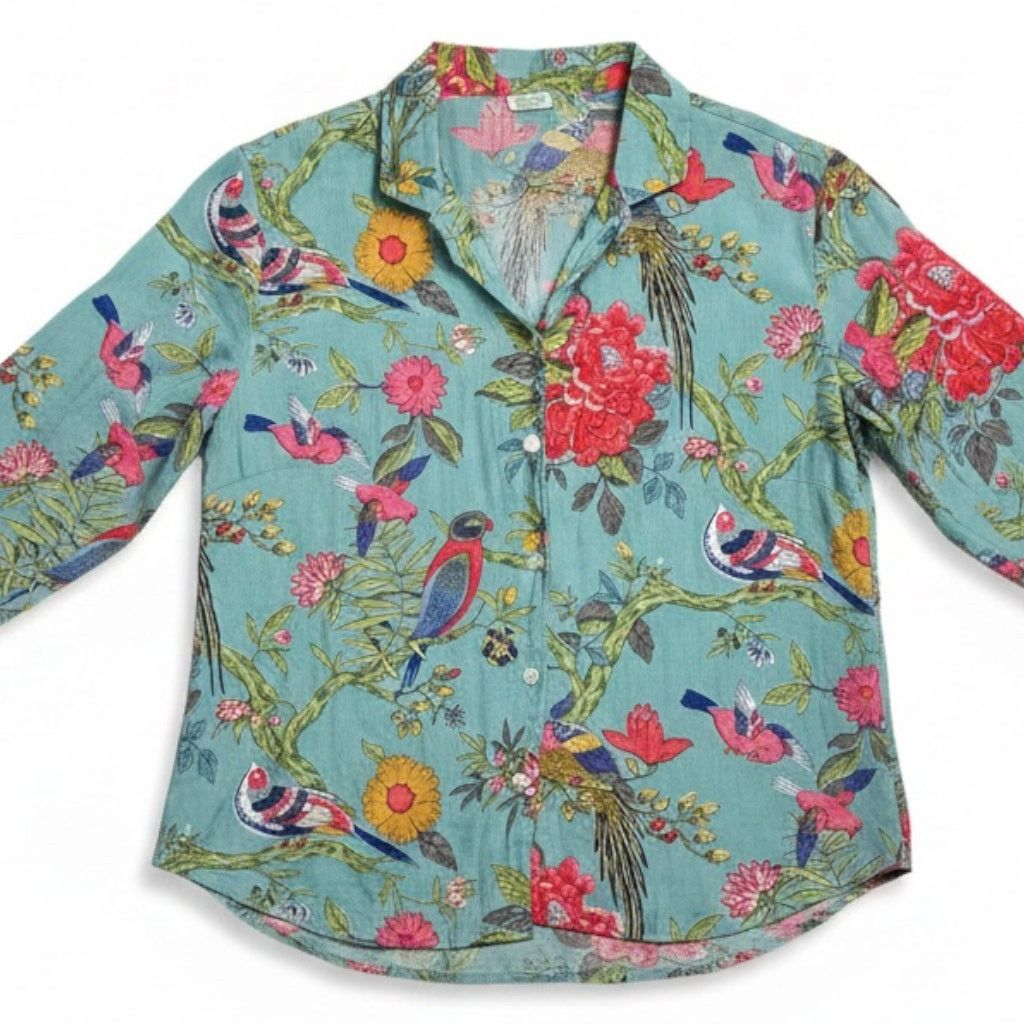 Other Vintage Handprint Turquoise Bird & Floral Women's Blouse Size S / US 4 / IT 40 - 1 Thumbnail