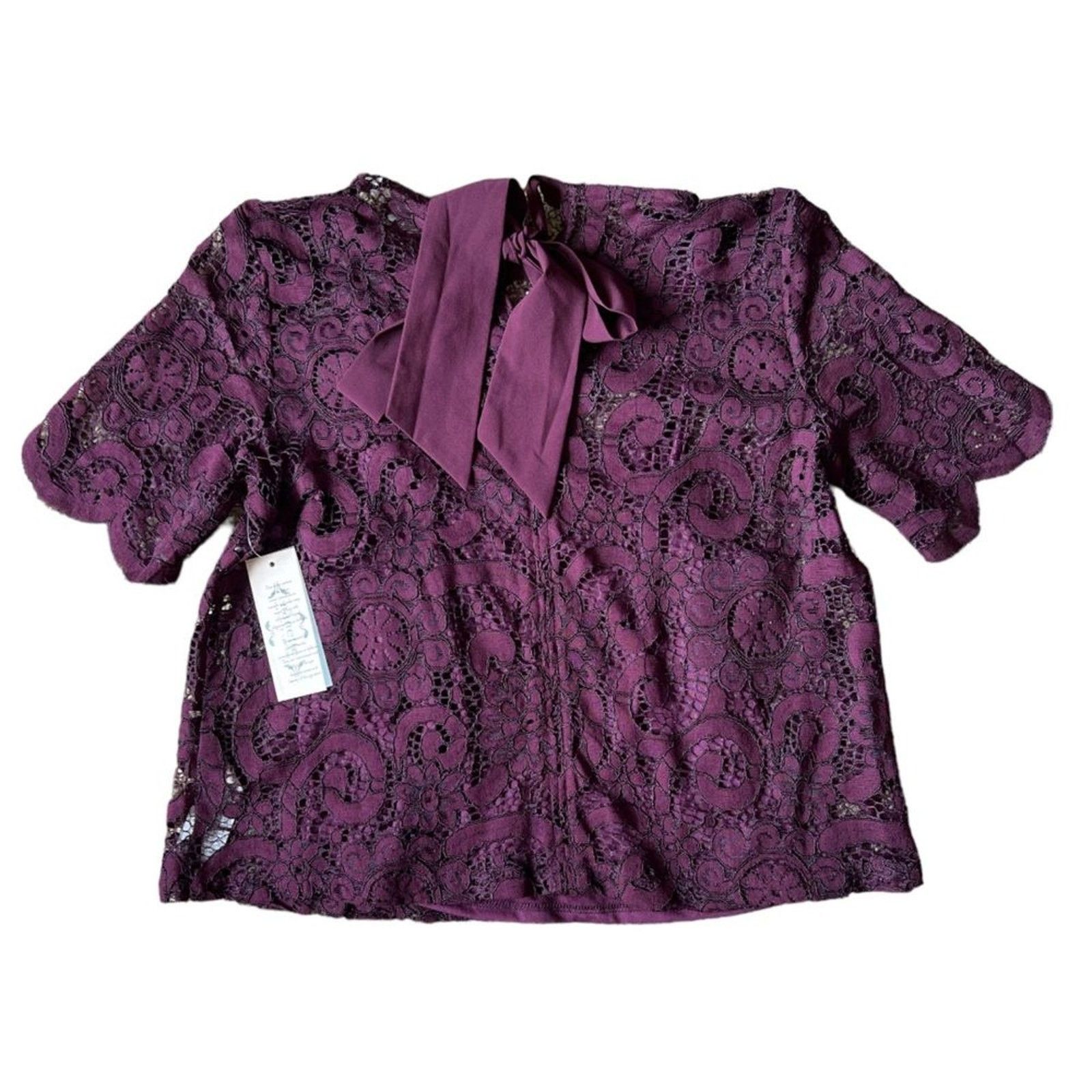 Nanette Lepore Nanette Lepore Burgandy Lace Sheer Short Sleeve Blouse, S Size S / US 4 / IT 40 - 7 Thumbnail