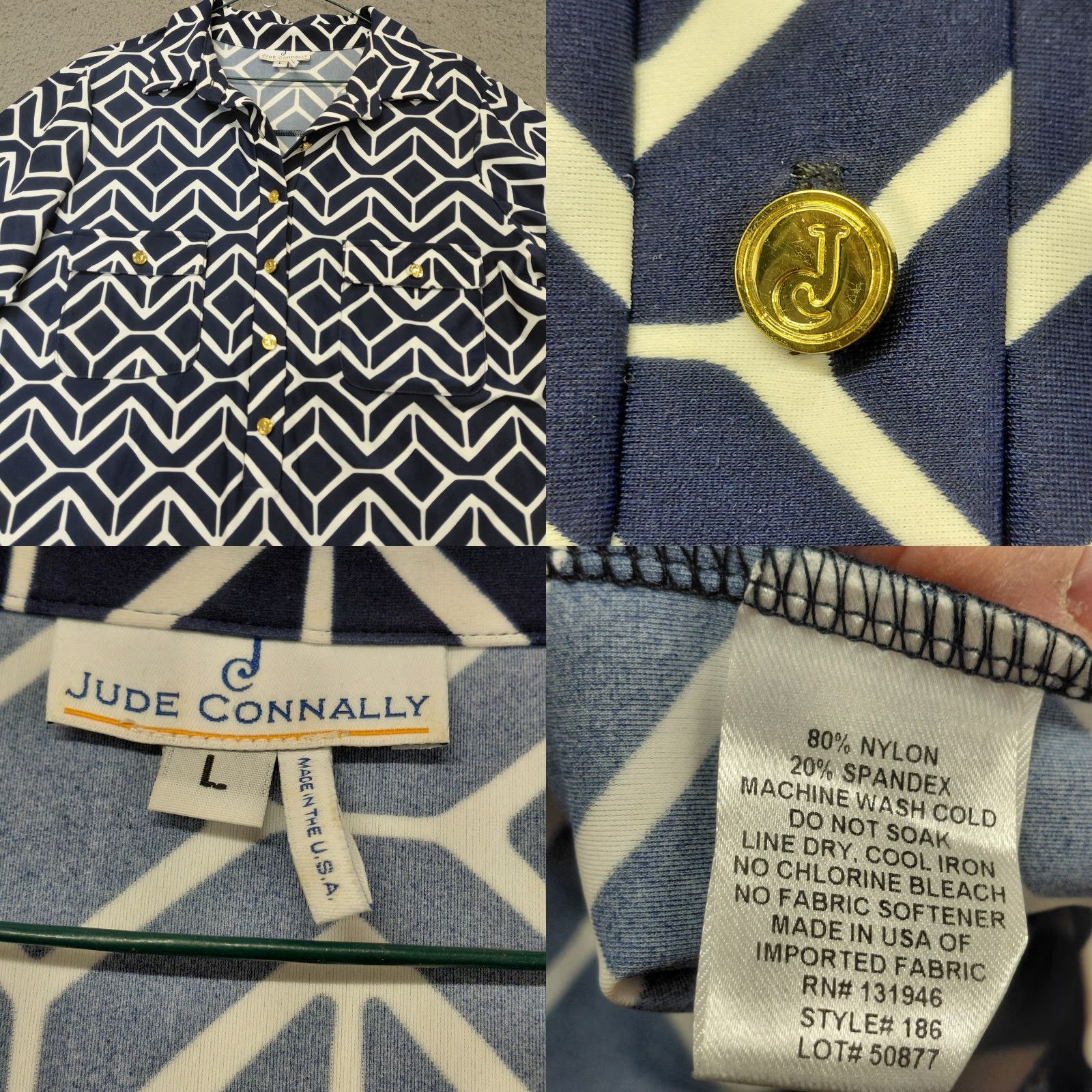 Vintage Jude Connally Shirt Dress Women's Large Blue/White Geometric Button Knit 3/4 Sleeve Knee Length VINTAGE? No, not vintage. Size L / US 10 / IT 46 - 10 Thumbnail