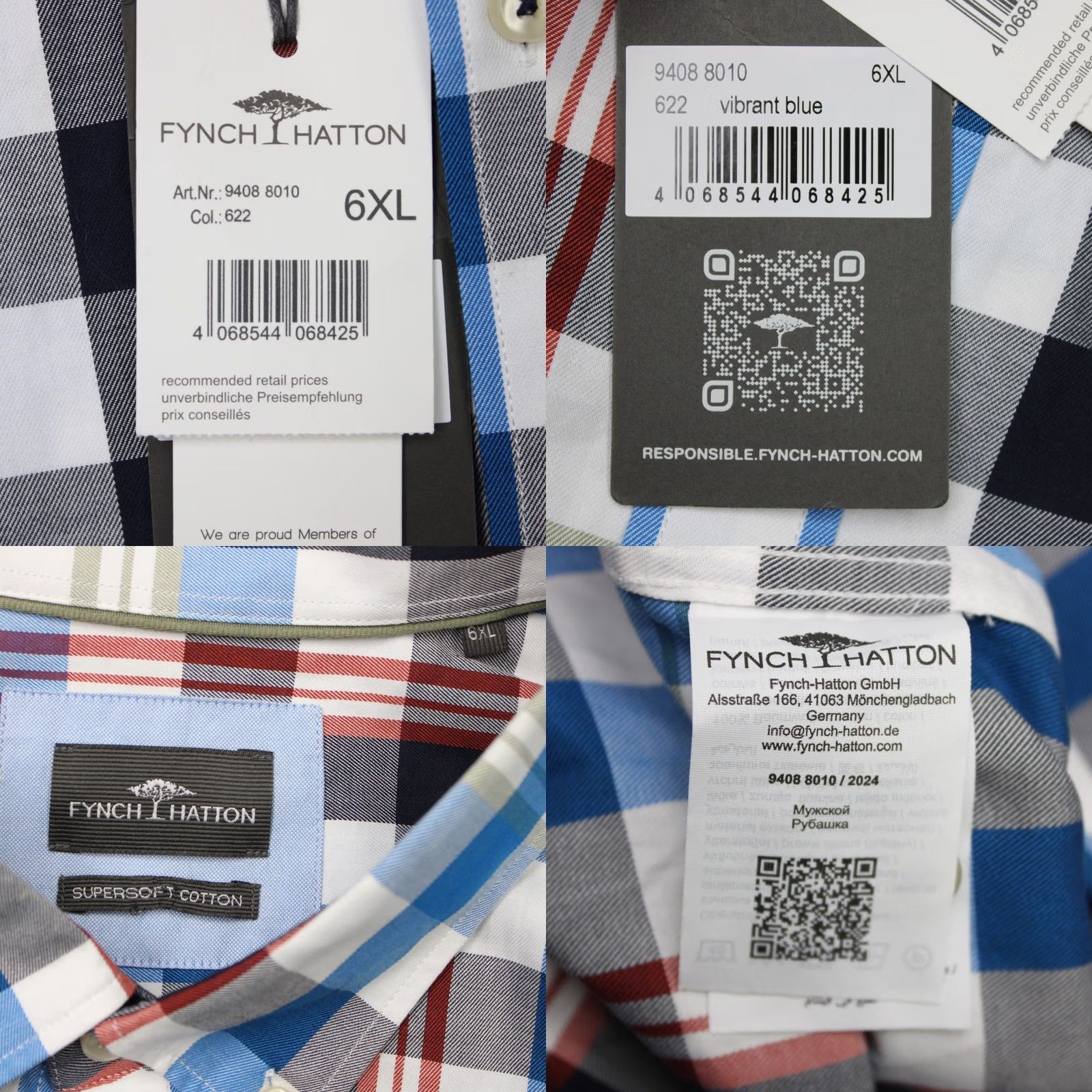 Vintage Fynch Hatton Shirt Mens 6XL Blue Red Plaid Long Sleeve Button-Up NWT Cotton 100% Size US XXL / EU 58 / 5 - 8 Thumbnail