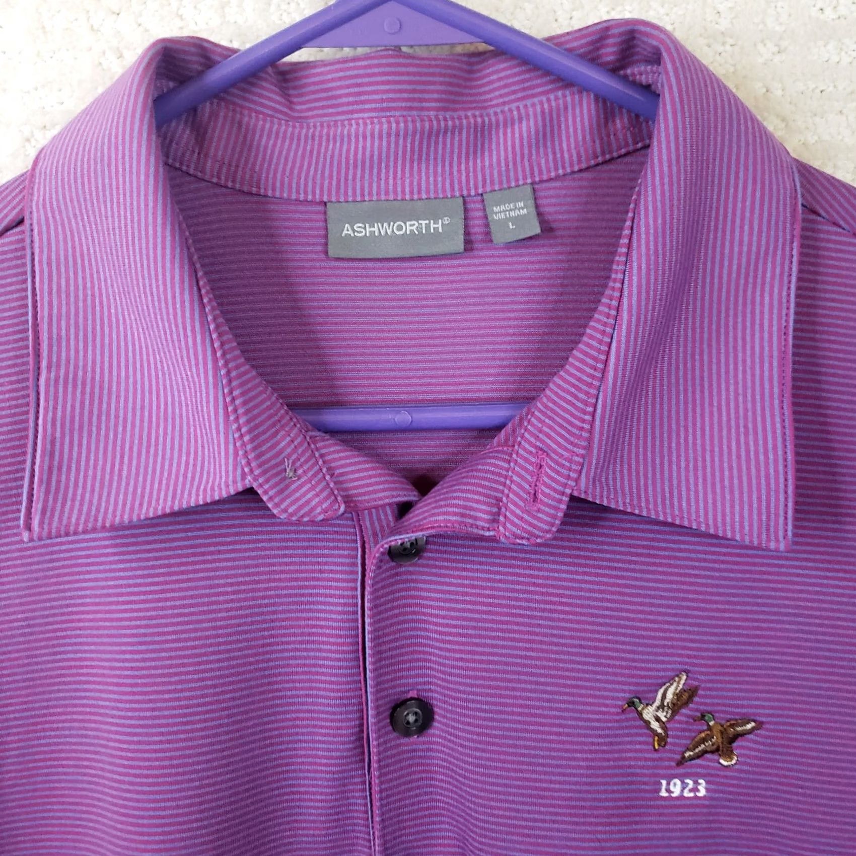 Vintage Ashworth Polo Shirt Purple Striped Short Sleeve Embroidered Mens L Button Closure Collared Polo Golf Shirt JS Size US L / EU 52-54 / 3 - 5 Thumbnail