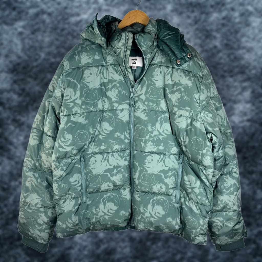Vintage Mode of One Puffer Jacket Mens Hooded XL Teal Green Floral Rose Print New Size US XL / EU 56 / 4 - 1 Thumbnail