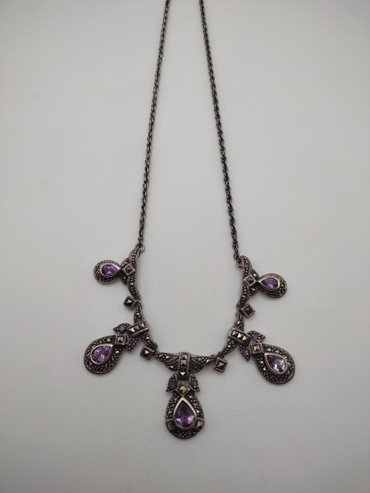 The Unbranded Brand Sterling 925 Amethyst Marcasite Necklace 16" 24.4g Size ONE SIZE - 1 Thumbnail