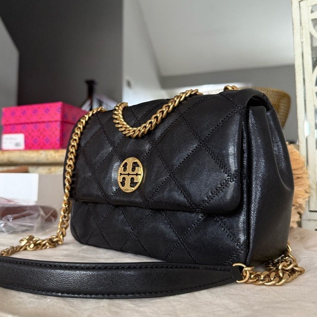 Tory Burch 595+! New Tory Burch Willa Black Diamond Quilted With Gold H Size ONE SIZE - 10 Thumbnail
