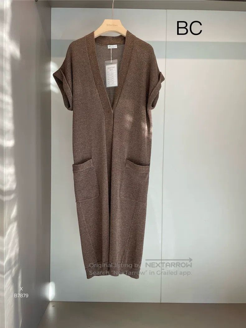 Brunello Cucinelli Brown Gold Thread Cotton Long Cardigan
