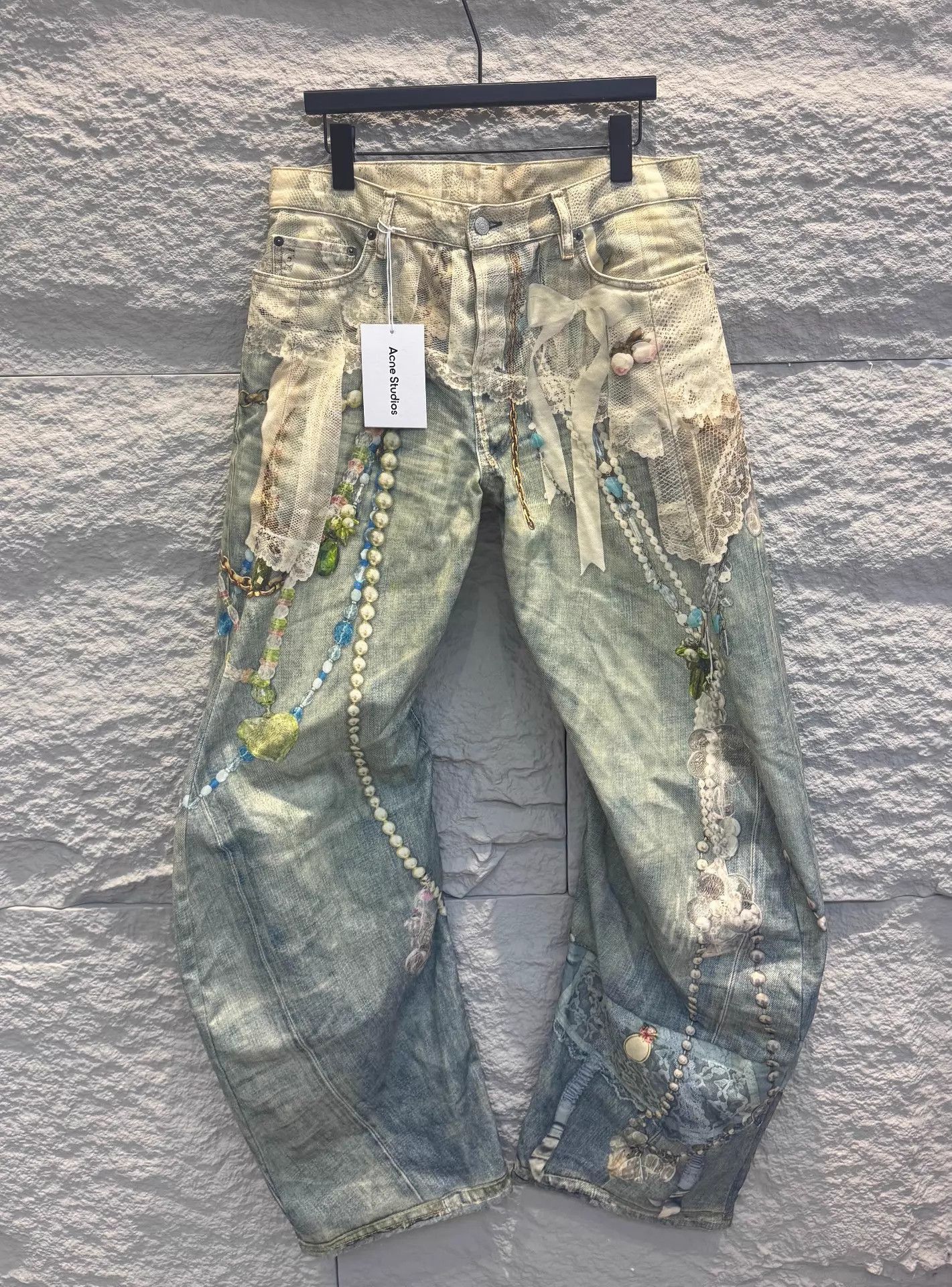 Acne Studios Blue Denim Jeans with Lace and Bead Embellishments Size US 32 / EU 48 - 1 Thumbnail