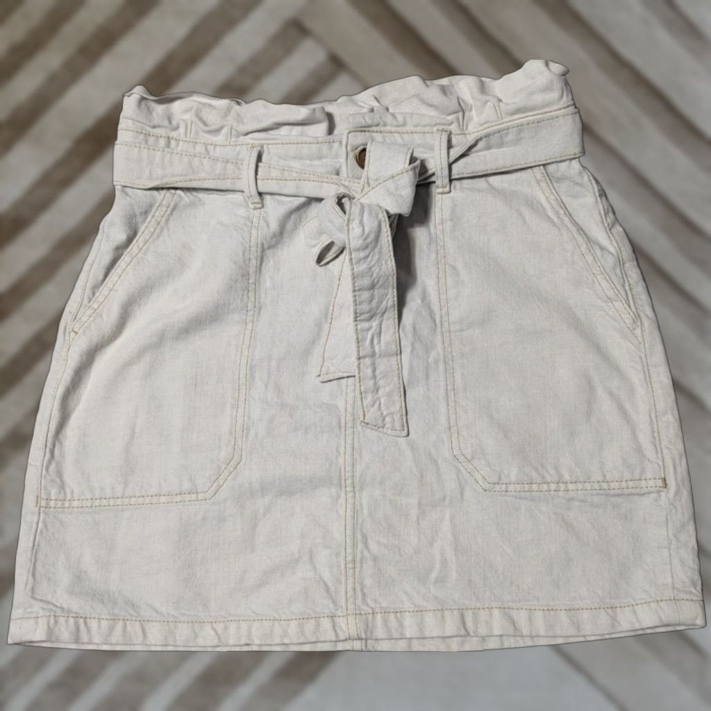 Free People FREE PEOPLE Skirt Belted 16" Paperbag Denim Linen Oatmeal Beige 8 Women Short Mini Pockets Size 30" / US 8 / IT 44 - 1 Thumbnail