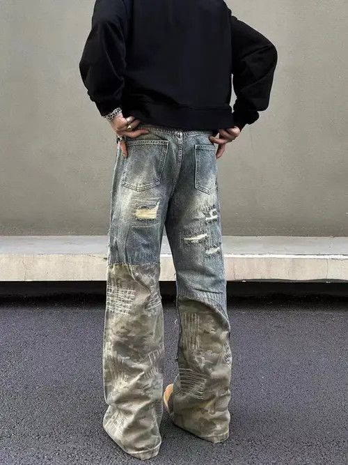 Jean Heavy duty washed and torn camouflage patchwork jeans Size US 34 / EU 50 - 2 Thumbnail