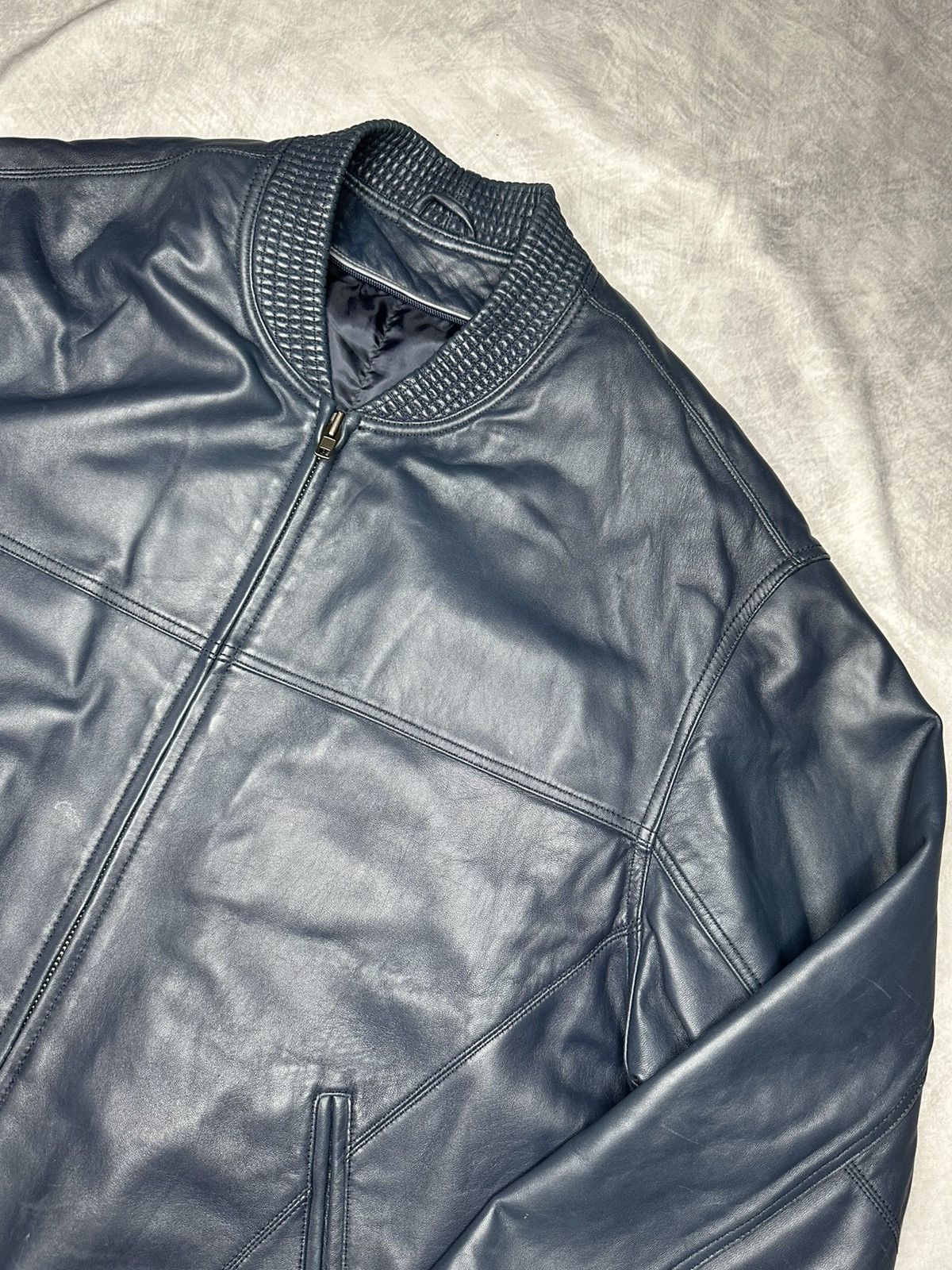 Other Leather Bomber Jacket Navy Blue Zip Pockets Size US XXL / EU 58 / 5 - 6 Thumbnail