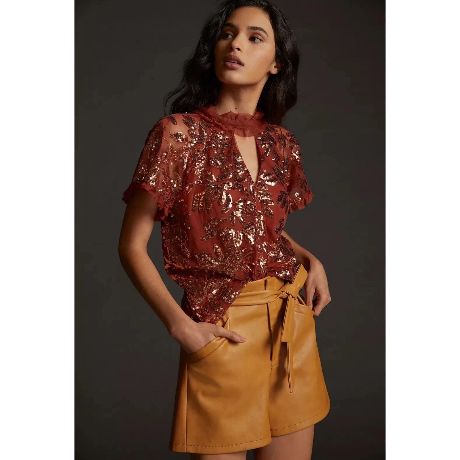Anthropologie NWOT Anthropologie Burnt Orange Cut-out Sequin Top Sz S Size S / US 4 / IT 40 - 1 Thumbnail