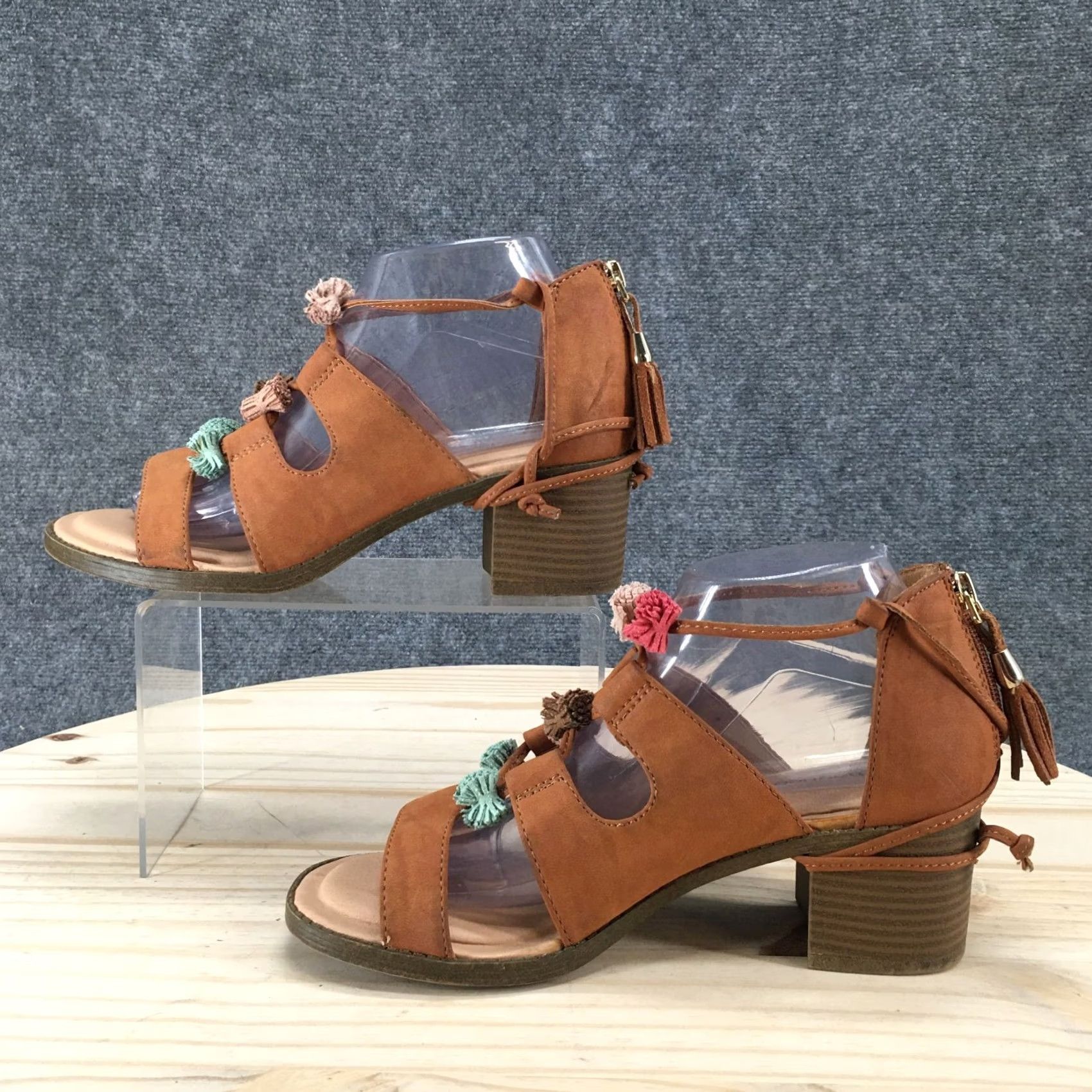 Vintage Maurices Ember Sandals Womens 8 M Brown Strappy Back Zip Tassel Block Heels Size US 8 / IT 38 - 2 Thumbnail