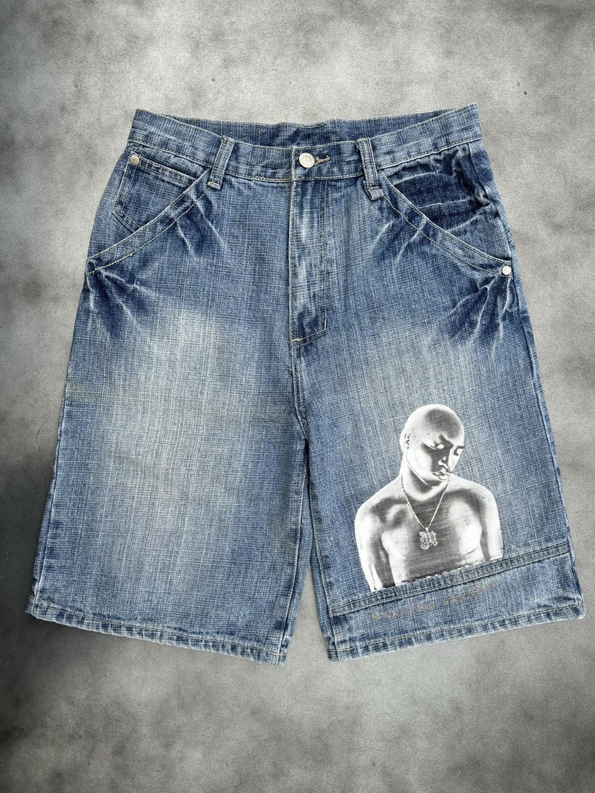 JNCO × Makaveli × Vintage Vintage Tupac Jean Shorts Makaveli Jorts Baggy Loose 90s Size US 29 - 1 Thumbnail