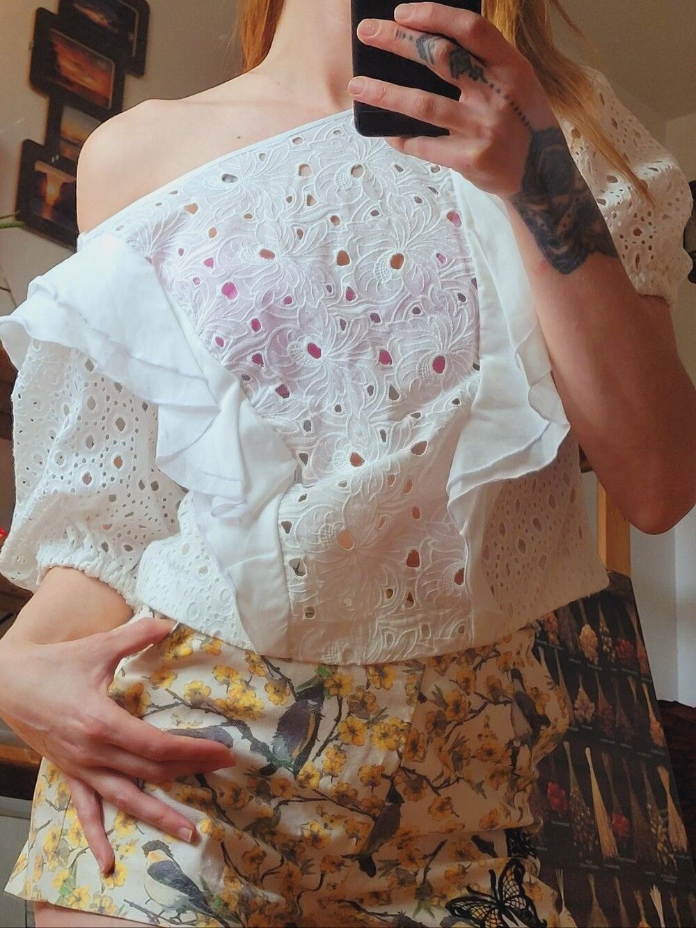 Pinko Pinko NWT White Short Sleeve Boho Ruffle Floral Blouse - 6 Size M / US 6-8 / IT 42-44 - 2 Thumbnail