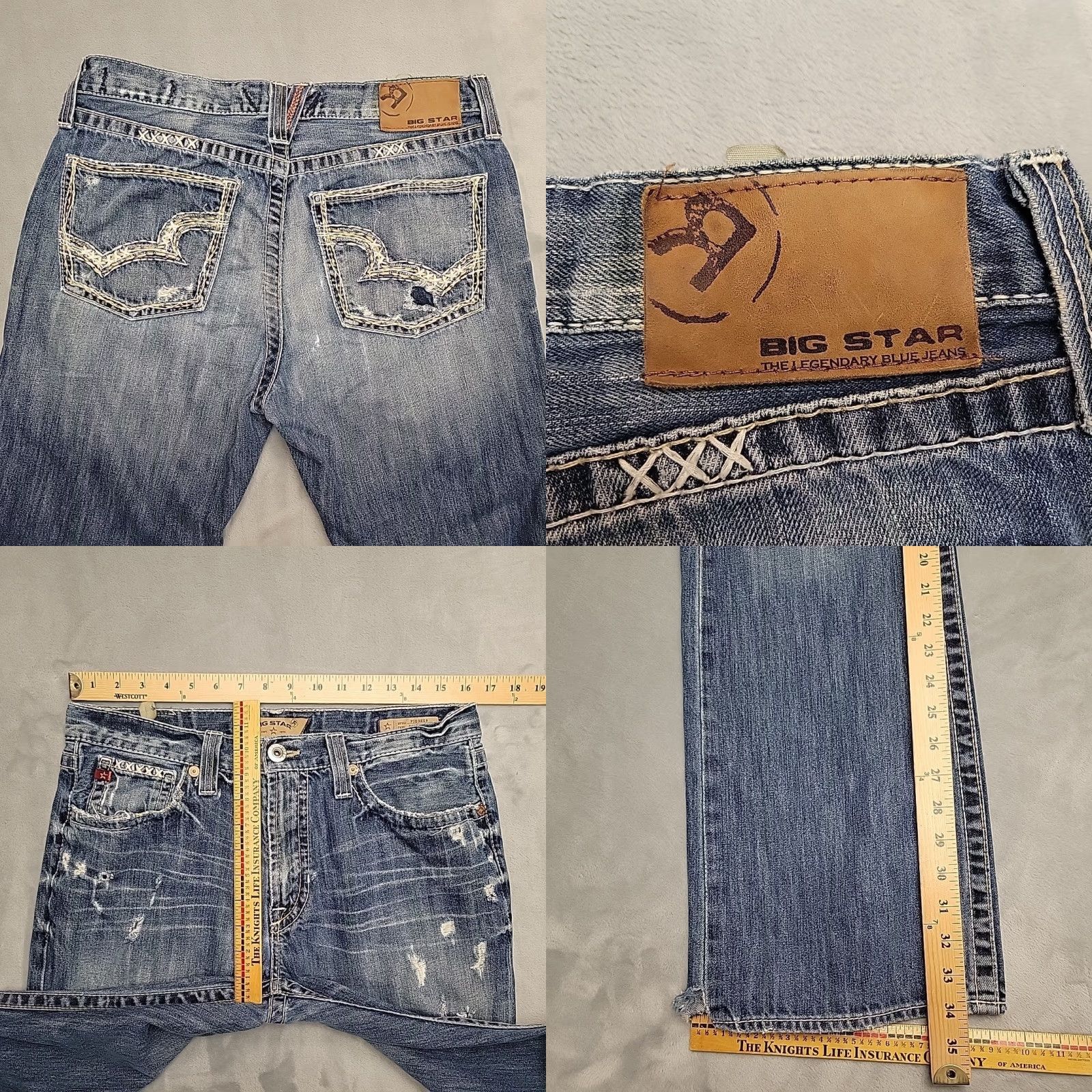 Denime VINTAGE Big Star Jeans Men 33L Faded Whiskered Blue Denim Thick Stitch Pioneer Boot Cut Jeans Mens 90s USA American(Blue) Size US 33 - 9 Thumbnail