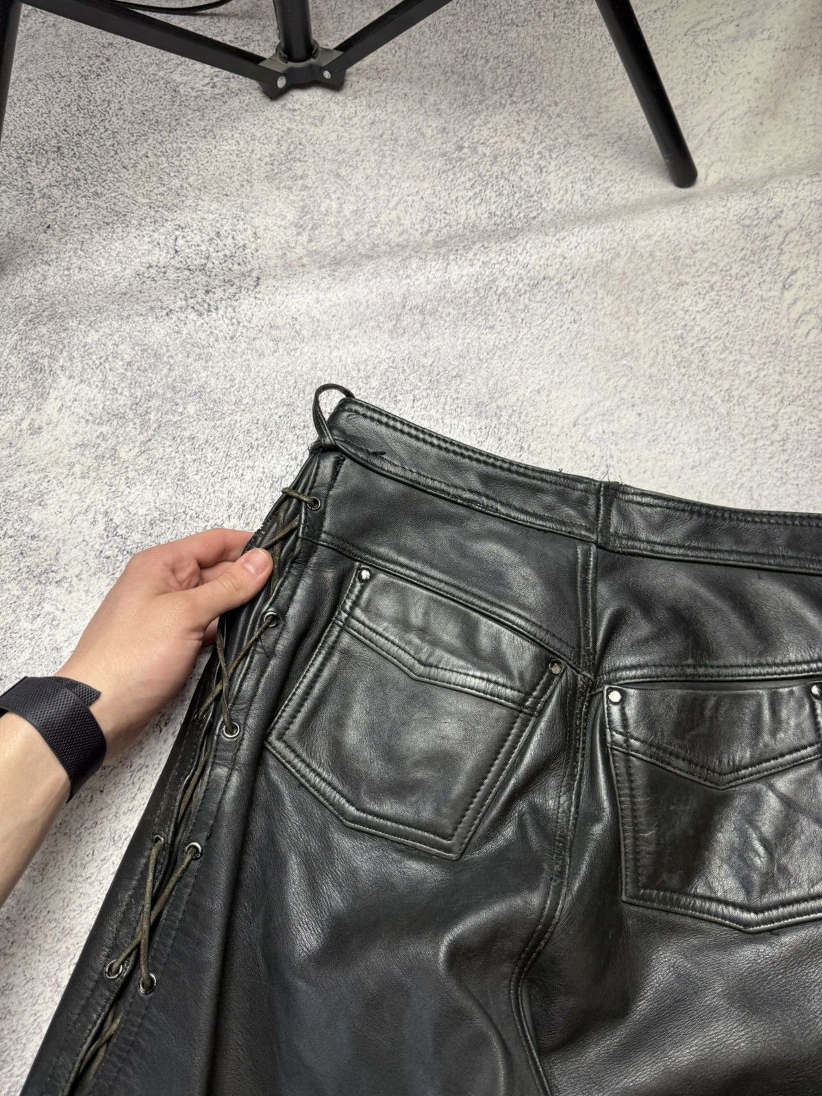 Leather Mens Vintage Biker Leather Pants stripe's Japanese brand y2k Size US 31 - 21 Thumbnail