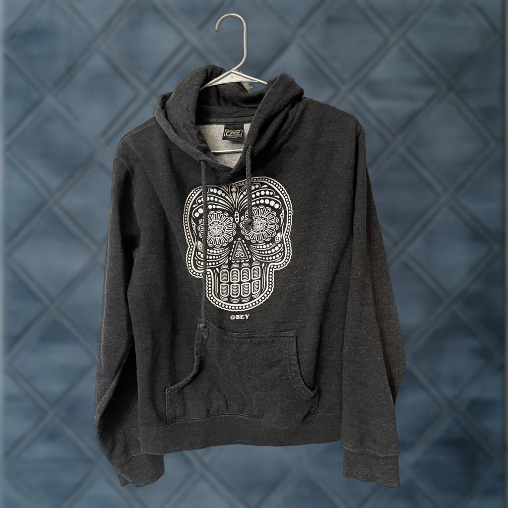 Obey VINTAGE Women’s Obey Sugar Skull Hoodie L Dark Gray Size L / US 10 / IT 46 - 1 Thumbnail