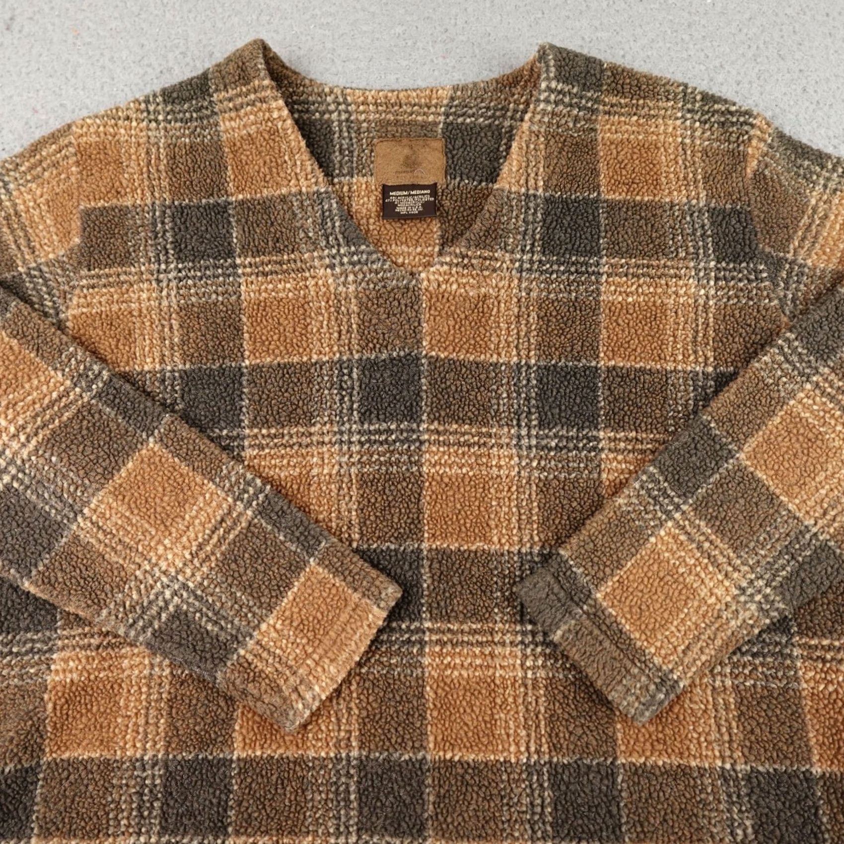 Vintage VINTAGE Womens Medium Brown Plaid Fleece V-Neck Pullover Made In USA Sweater Size M / US 6-8 / IT 42-44 - 3 Thumbnail