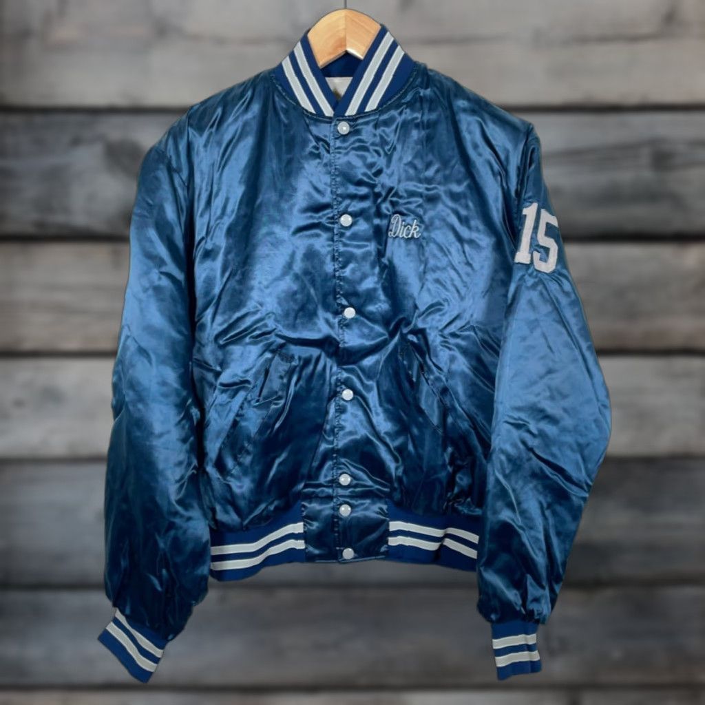 VINTAGE 80s Satin Bomber Jacket Mens XL Blue Warehouse Dick chainstitch script Snap Front Pockets Quilted Lined