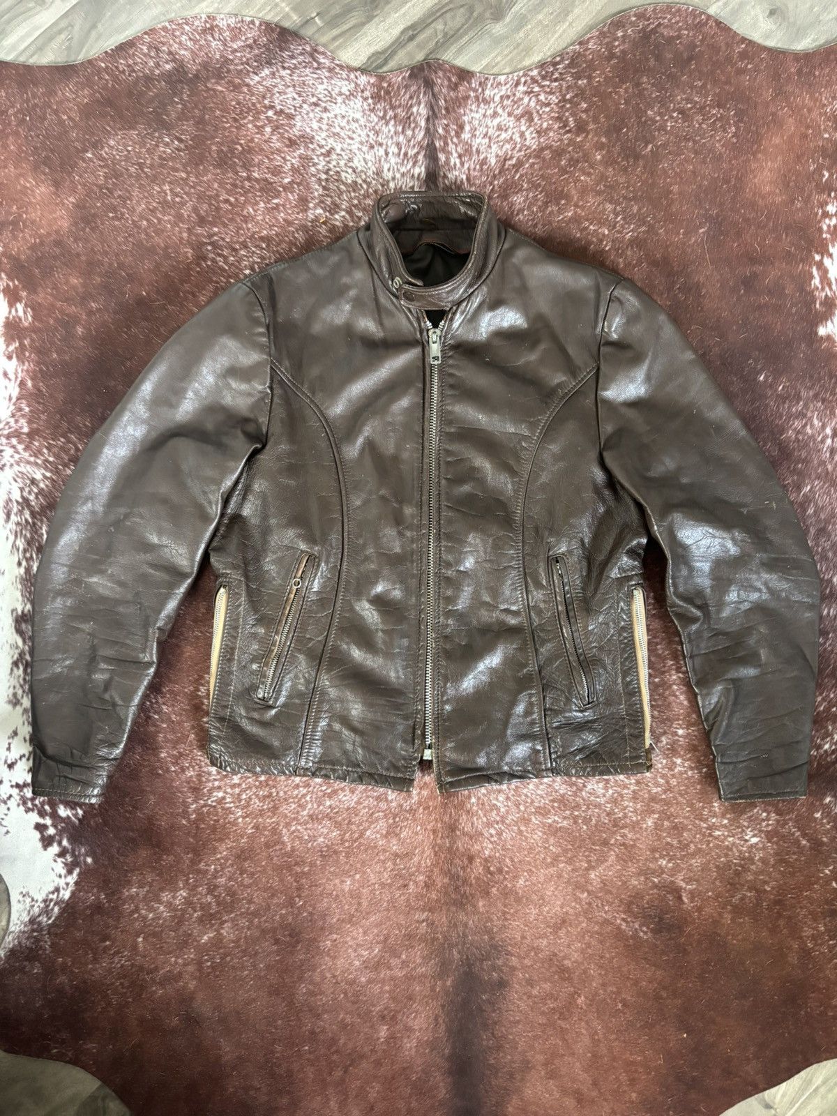 Vintage 60’s 70’s VINTAGE MENS BROWN LEATHER CAFE MOTORCYCLE JACKET Size US M / EU 48-50 / 2 - 1 Thumbnail