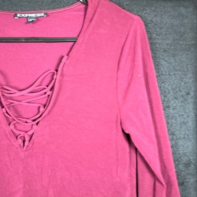 Express Express Womens Shirt Maroon Long Sleeve Tie Up V Neck Stretch Medium Blouse Womens M Red Solid Casual Workwear 90s/Preppy (if applicable) Mens? Size M / US 6-8 / IT 42-44 - 5 Thumbnail