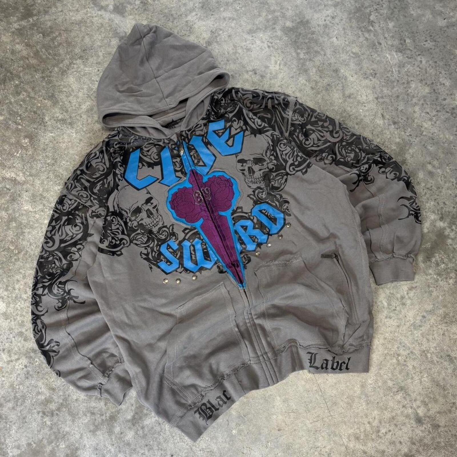 Affliction Blac Label Y2K Zip Up 2000s Baggy Hoodie Size US XXL / EU 58 / 5 - 2 Thumbnail