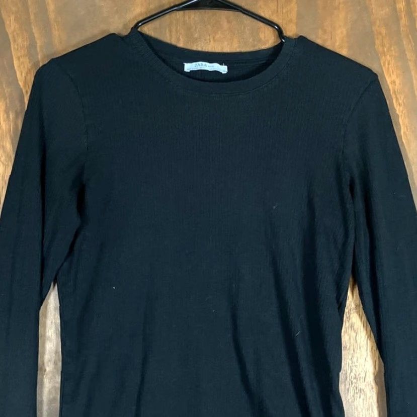 Zara ZARA Womens Shirt Black Ribbed Crew Neck Button Wrist Long Sleeve Stretch Large Size L / US 10 / IT 46 - 2 Thumbnail