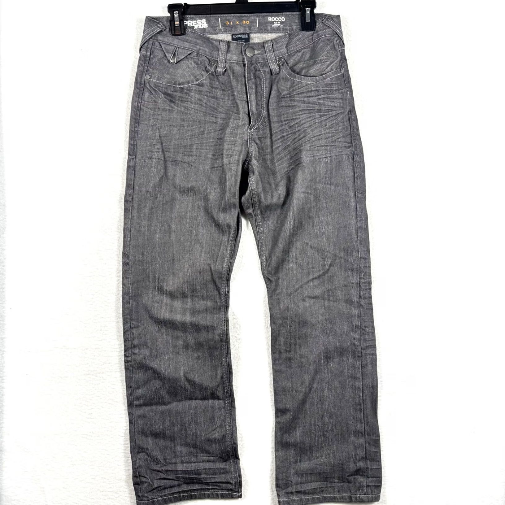 Express Express Mens Jeans Slim Straight 31x30 Distressed Gray Denim 5-Pocket Cotton Washed Y2K Rocco Slim fit Straight Leg Jeans Mens Size US 31 - 2 Thumbnail