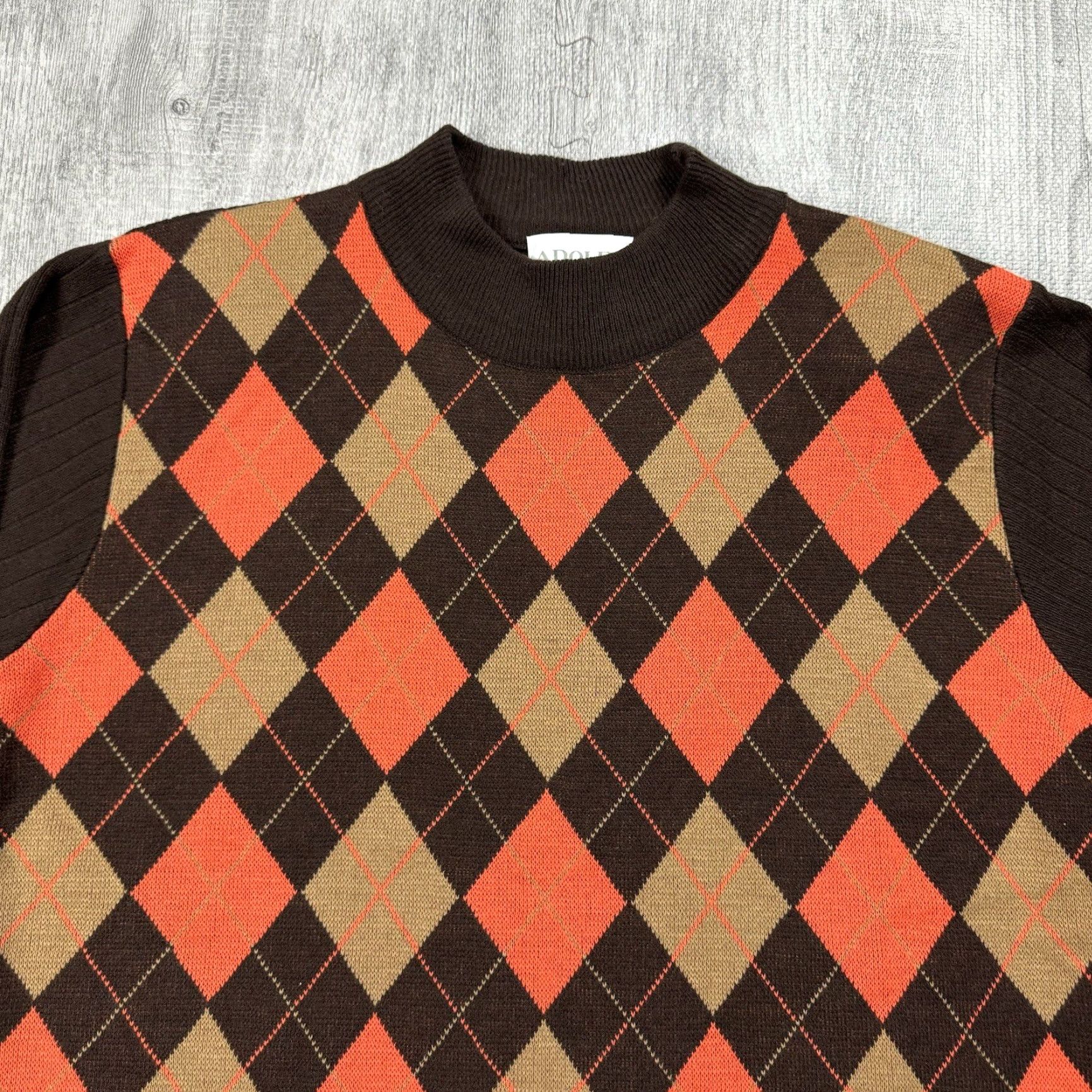 Vintage VINTAGE Adolfo Knit Wool Blend Argyle Mock Neck Sweater Orange Brown Large Mens 1970s Gray Size US L / EU 52-54 / 3 - 2 Thumbnail