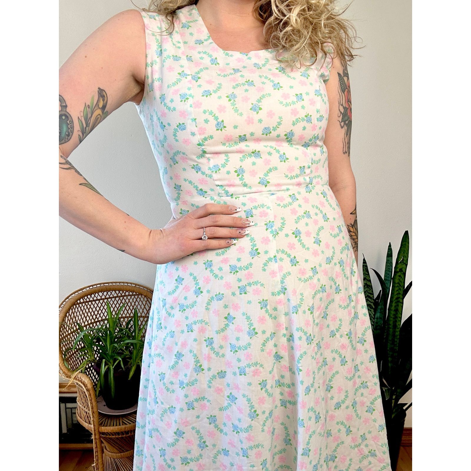 Handmade 50s/60s Handmade Floral Day Dress Size L / US 10 / IT 46 - 2 Thumbnail