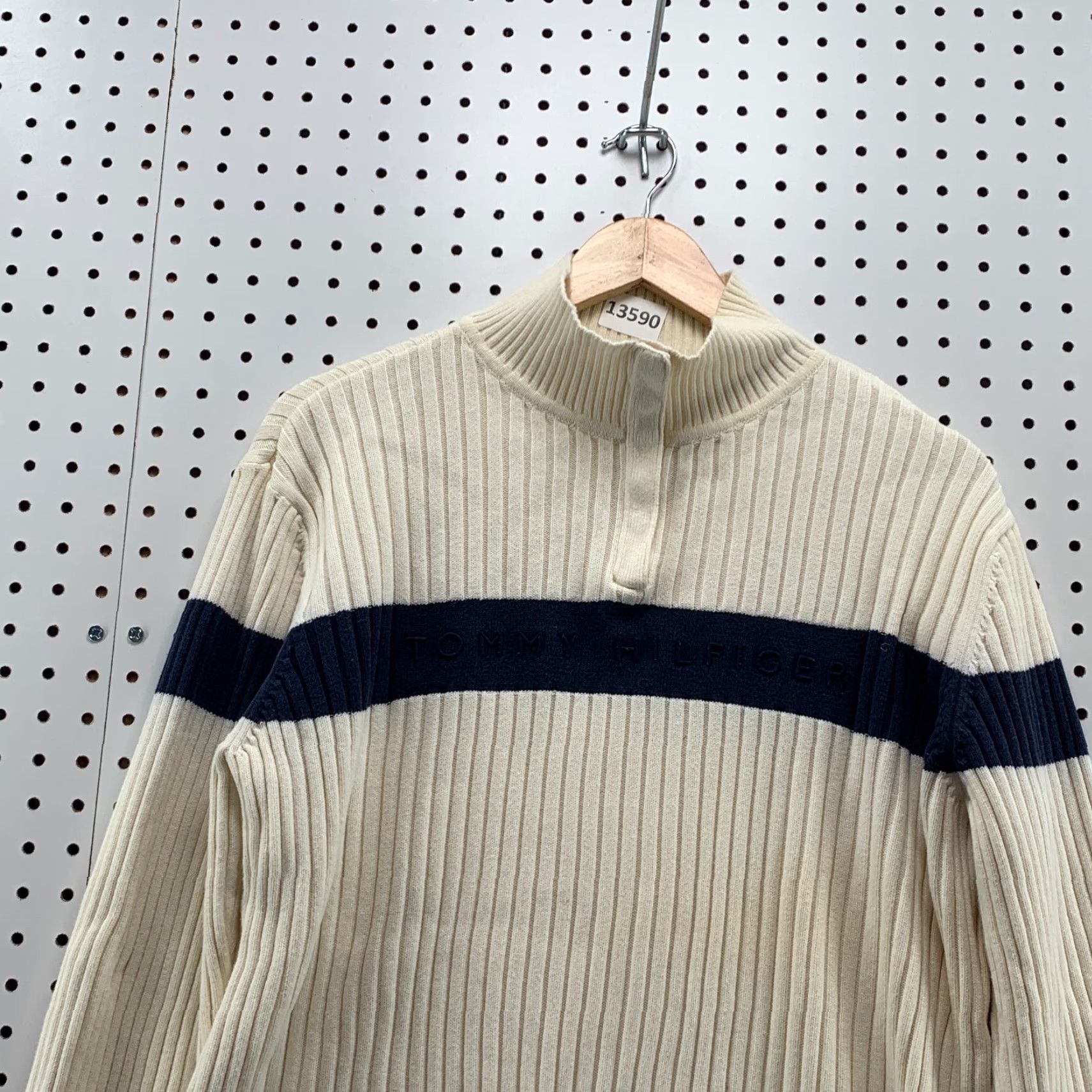 Tommy Hilfiger Tommy Hilfiger Ribbed Knit 1/4 Snap Sweater Striped Beige Blue Womens 2XL Mock Neck 90s Pullover Size XXL / US 16-18 / IT 52-54 - 6 Thumbnail