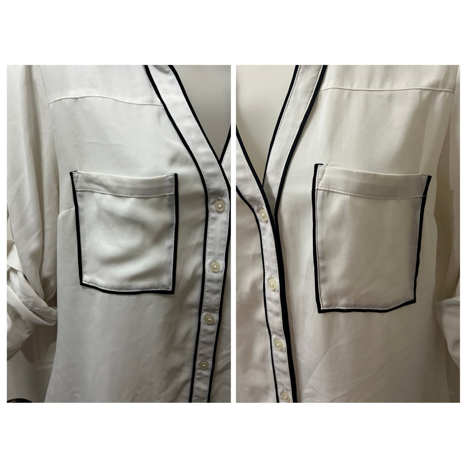 Express Button Down Blouse Black Trim Roll Sleeve Pocket Top Shirt Size S / US 4 / IT 40 - 5 Thumbnail