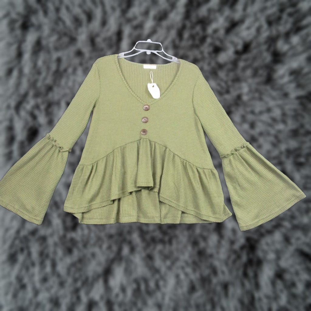 Bell ANDTHEWHY Blouse Tunic Womens Small Green Waffle Knit Bell Sleeve Ruffle Top Size S / US 4 / IT 40 - 1 Thumbnail