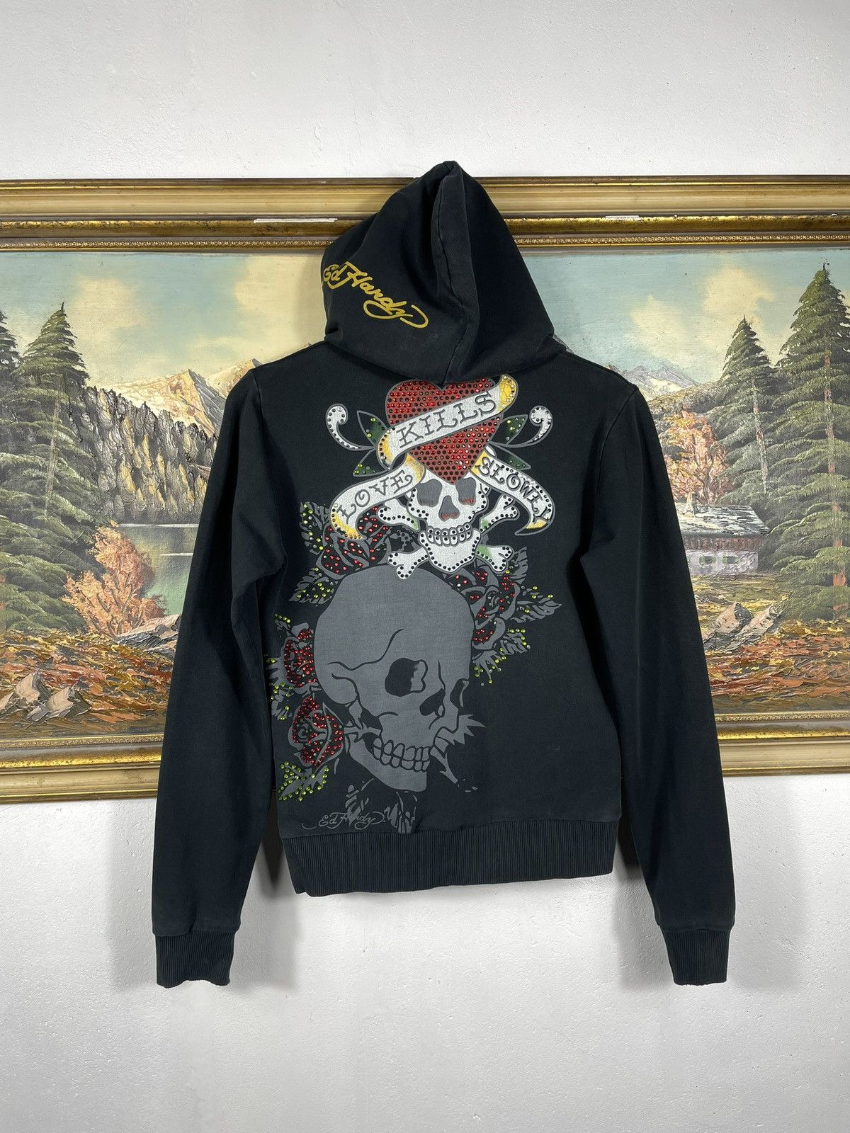 Christian Audigier × Ed Hardy × Vintage Ed Hardy Retro 00s Hoodie With Crystals Affliction Grunge Size US XS / EU 42 / 0 - 1 Thumbnail