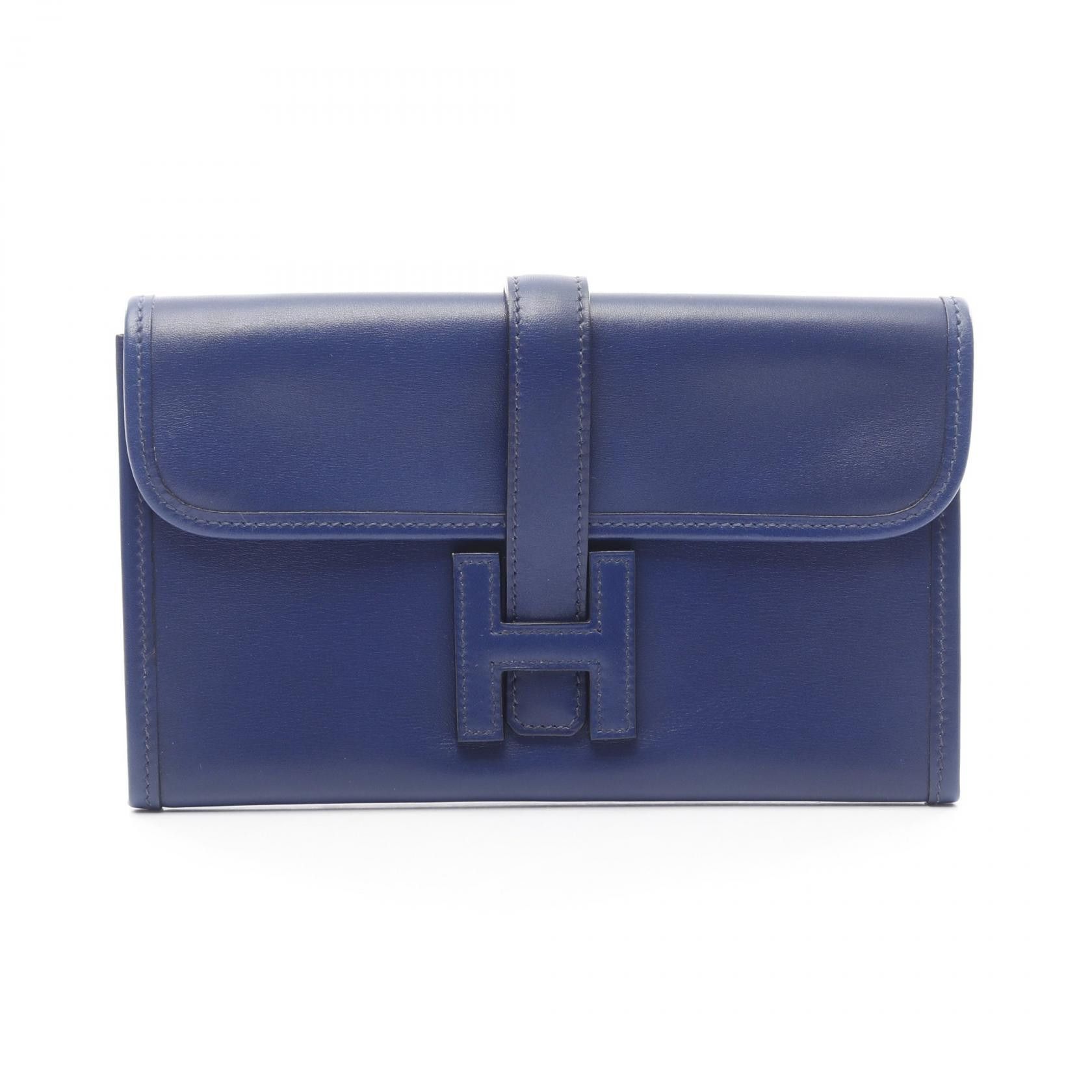 Hermes Hermes Jige Duo Box Calf Clutch Bag Leather Clutch Bag Stamp J (2006) in Blue, Women's