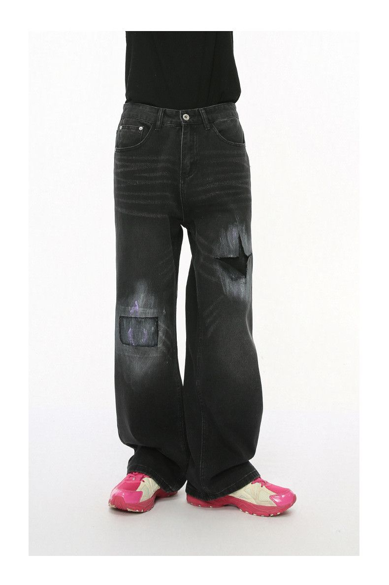 Japanese Brand Street-style patched and ripped straight-leg black jeans Size US 32 / EU 48 - 1 Thumbnail