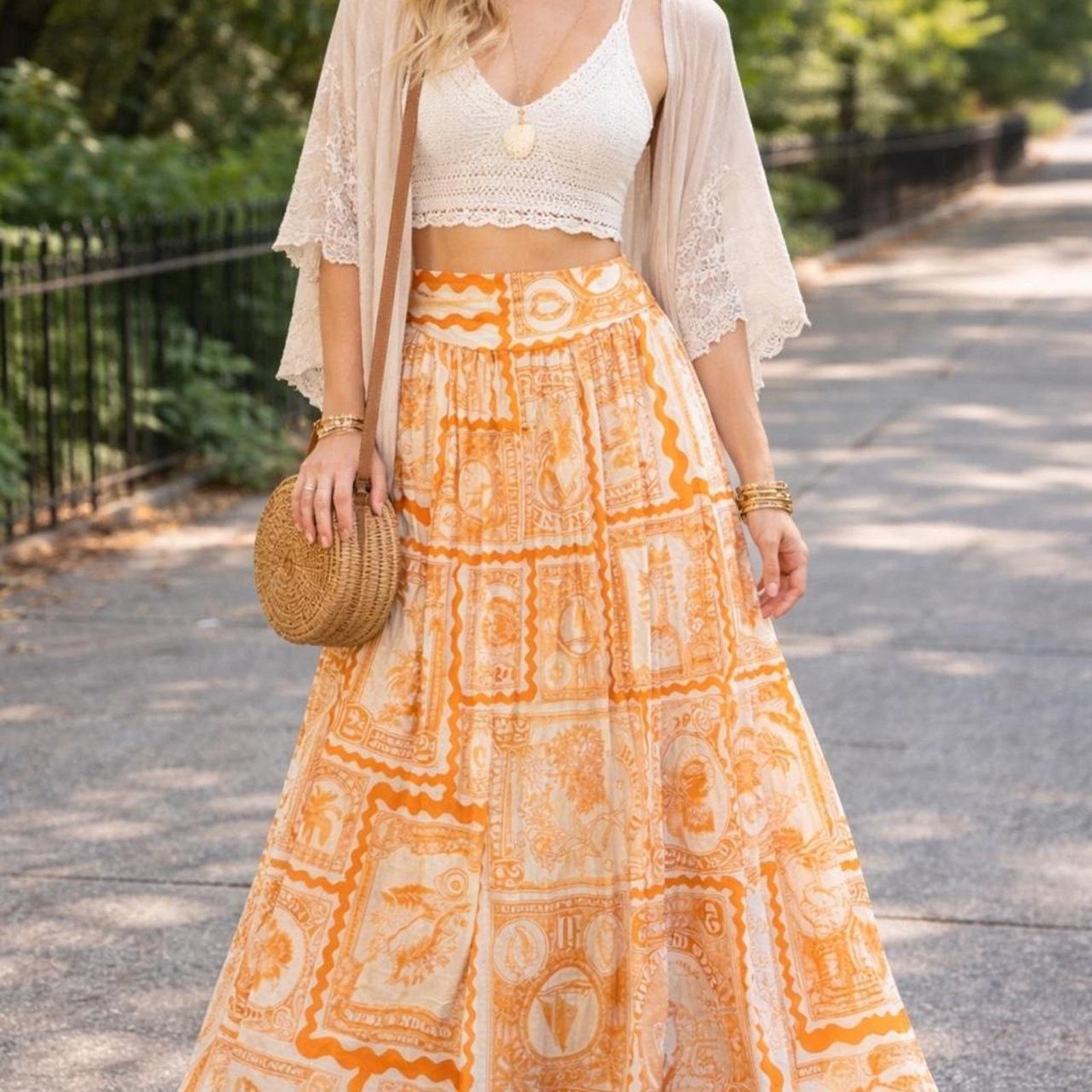 Nicole Miller Orange and white - designer maxi skirt Size 25" / US 0 / IT 36 - 2 Thumbnail