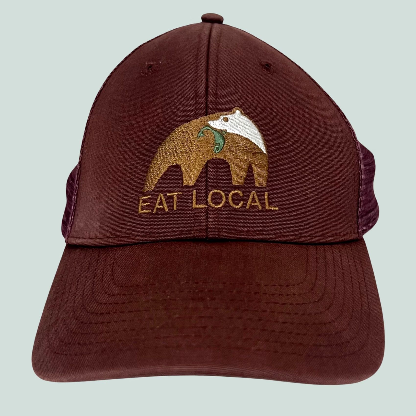 Patagonia Patagonia Hat LoPro Trucker Eat Local Upstream Bear w/ Fish Burgundy Red RARE Adjustable Breathable Men One Size Hat Size ONE SIZE - 1 Thumbnail