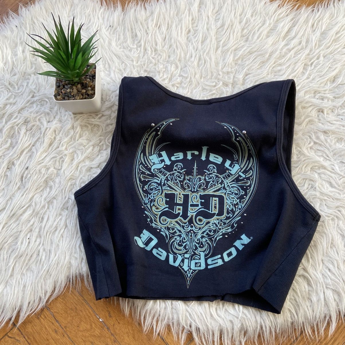 Harley Davidson 📌 Vintage Cropped Harley Davidson Rhinestones Tank Top Size XL / US 12-14 / IT 48-50 - 2 Thumbnail