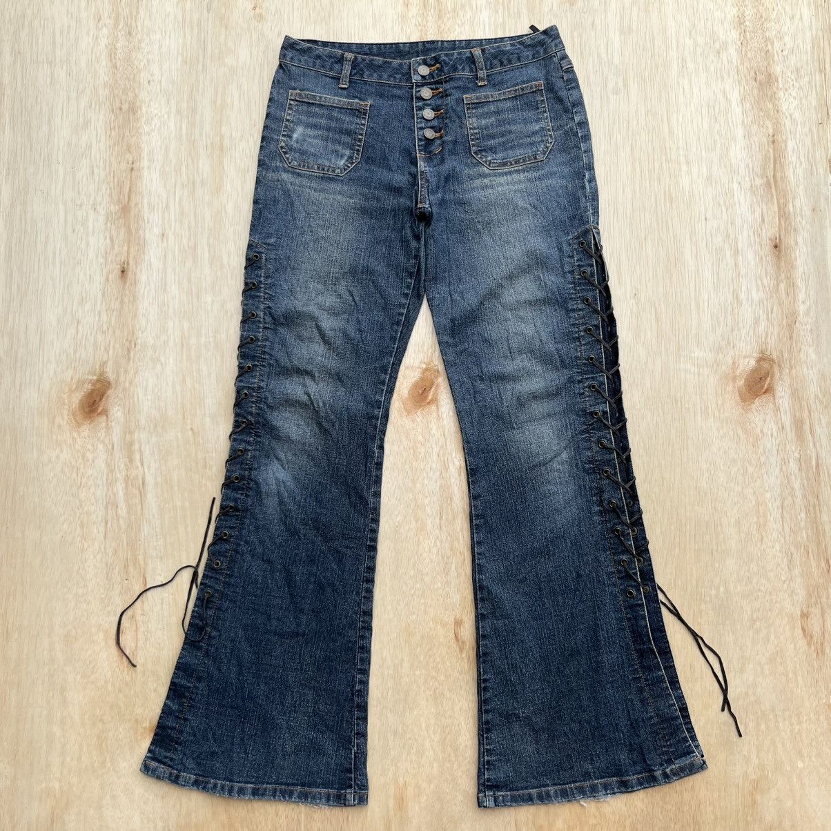 Tornado Mart PLAYCHESS JAPANESE BRAND LACE UP Y2K VINTAGE FLARED DENIM Size 30" / US 8 / IT 44 - 1 Thumbnail