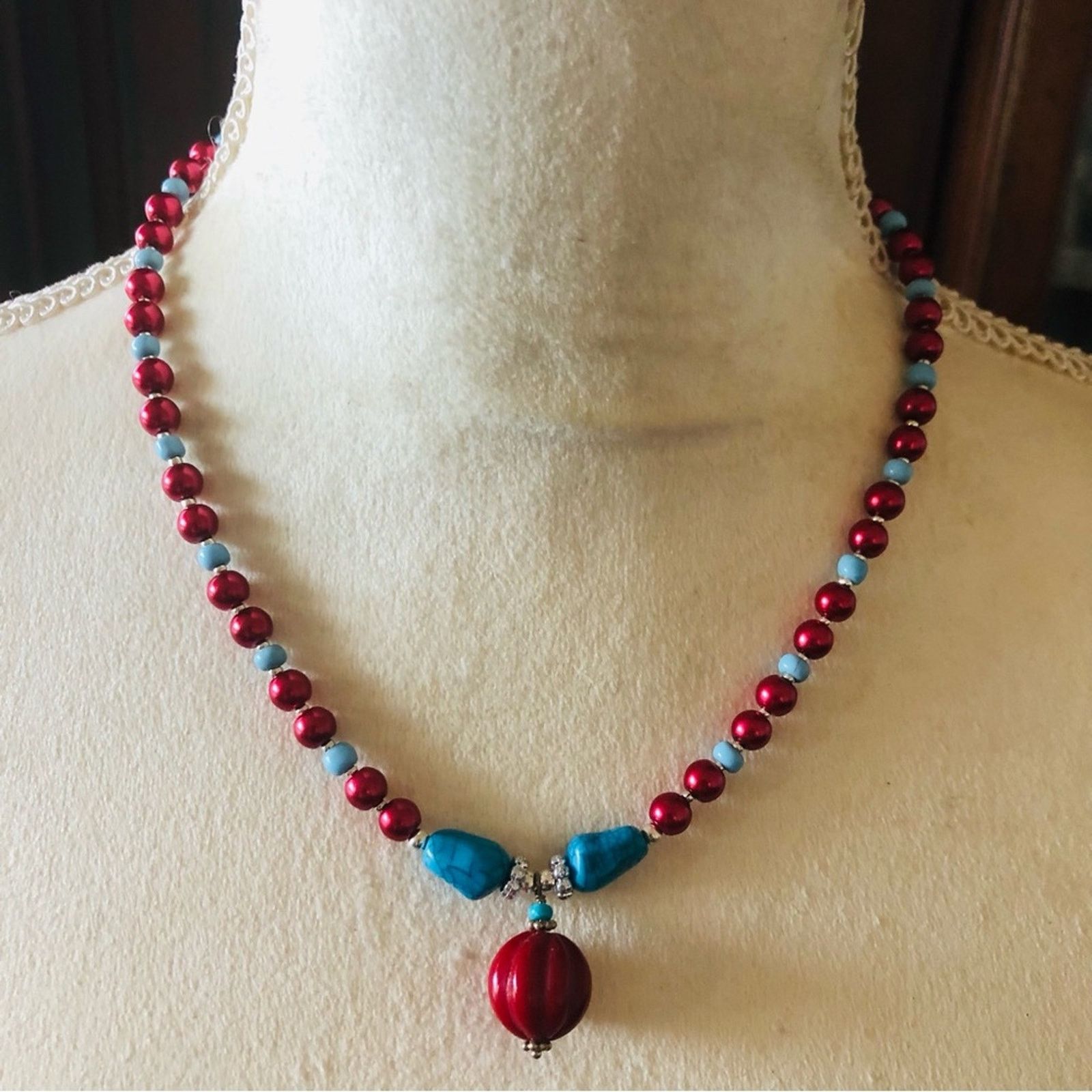 Handmade Handcrafted repurpose carved red coral stone Pearl necklace Size ONE SIZE - 2 Thumbnail