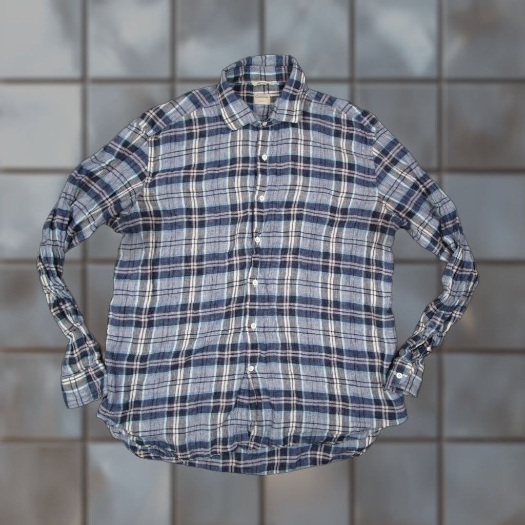 Vintage Culturata Dress Shirt Mens 2XL XXL Blue Tailored Fit Button Up Linen Blend Plaid Long Sleeve Slim Size 48R - 1 Thumbnail