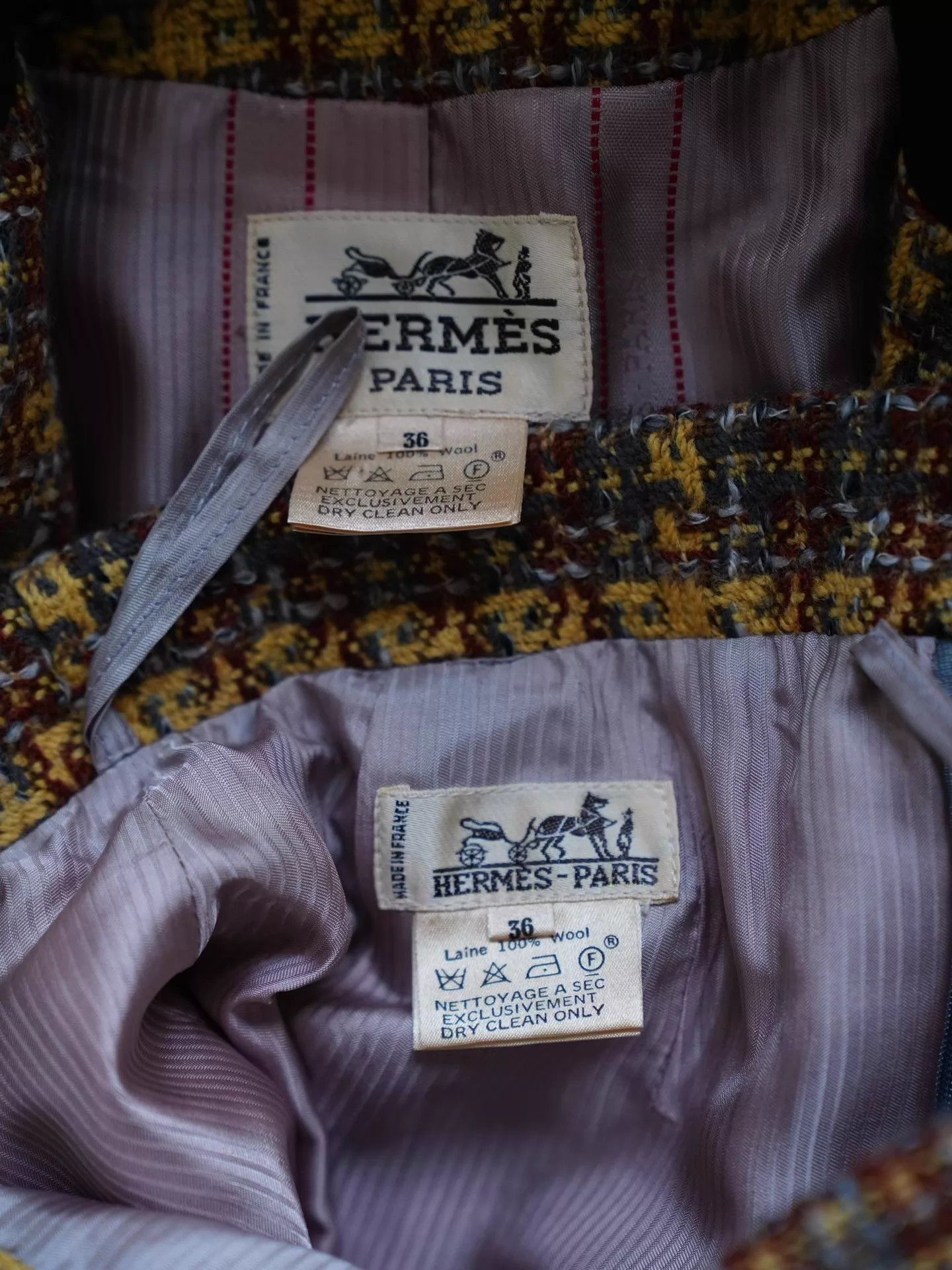 Hermes Vtg Wool Tweed Suede Check Blazer & Skirt Set FR36 Size XS / US 0-2 / IT 36-38 - 8 Thumbnail