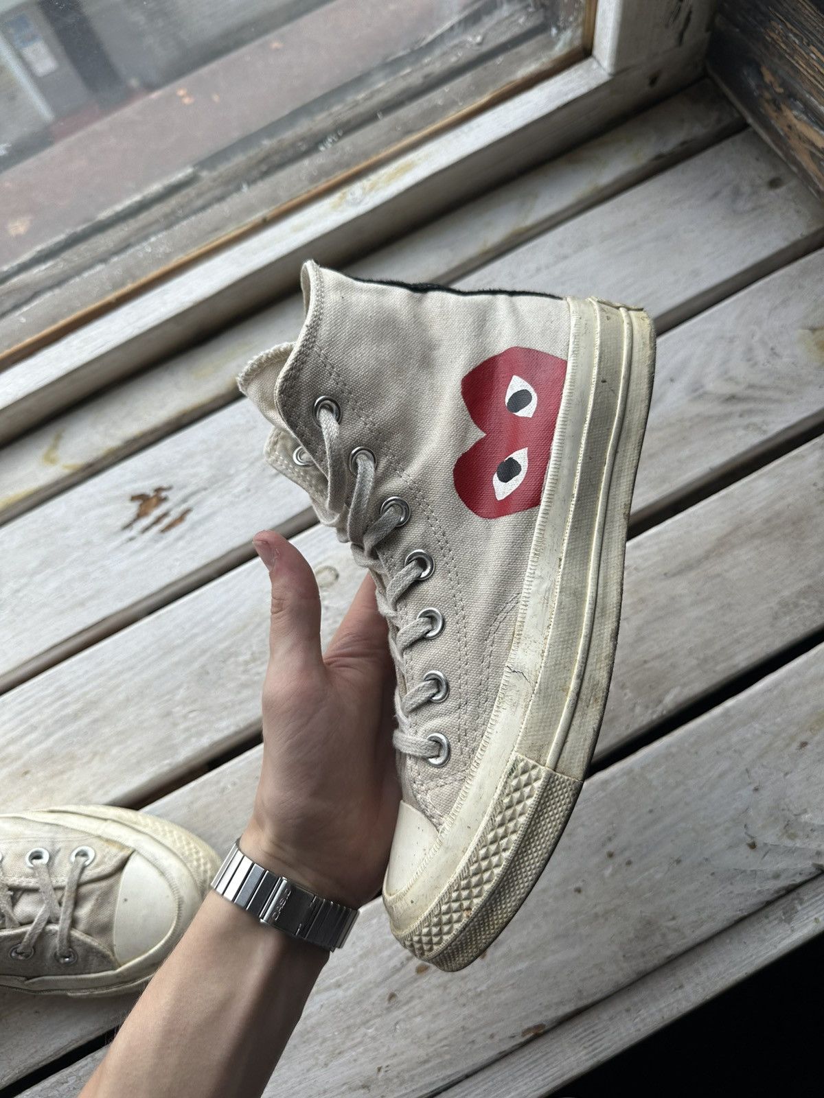 Comme des Garcons PLAY × Converse 🚨RARE BEIGE CDG CONVERSE RED HEART VINTAGE DISTRESS TRUE Size US 7.5 / IT 37.5 - 7 Thumbnail